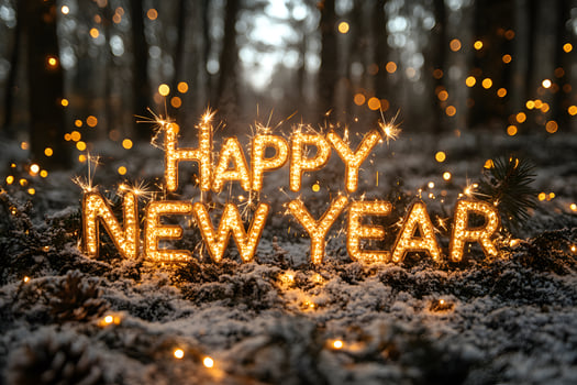 Sparkling Happy New Year Lights in Winter Forest Setting for Festive Celebration Design photo