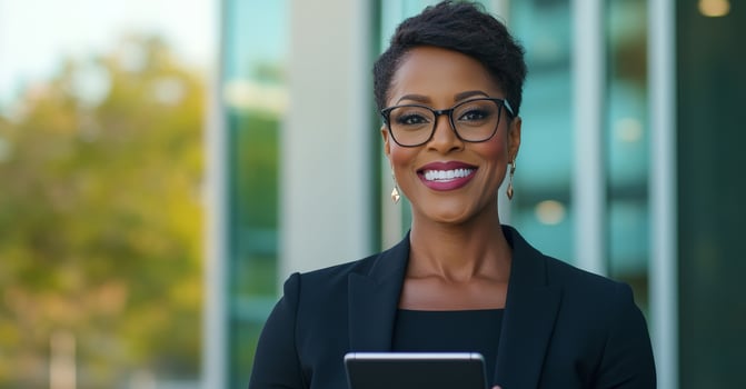 Confident businesswoman in glasses smiling while holding a tablet, modern glass building in the background photo
