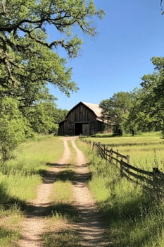 A dirt road leads to a barn in a rural area photo