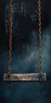A wooden swing hanging from chains in the dark photo