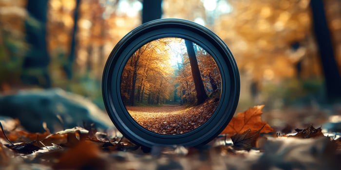 A circular lens with a picture of a forest in the background photo