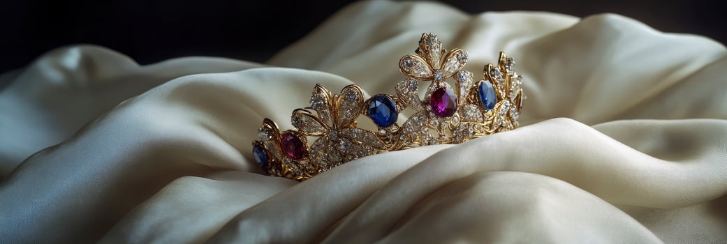 A crown sits on top of a white cloth photo