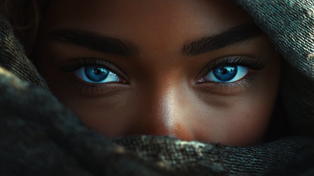 Close-up of a woman with dark eyes partially covered by a knitted scarf. Concept of mystery and winter fashion. High quality illustration photo