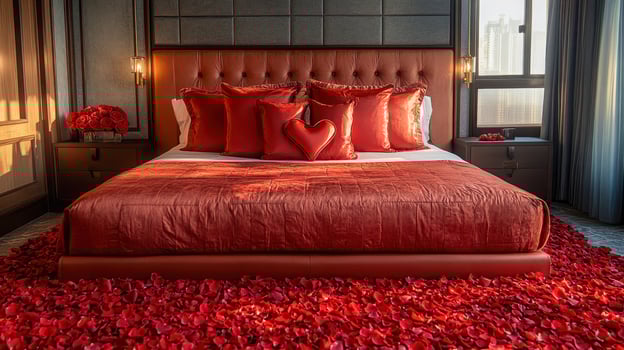 A luxurious romantic bedroom with a red heart centerpiece, velvet bedding, scattered rose petals, and warm wooden accents. Large windows and lush greenery add elegance and charm. photo