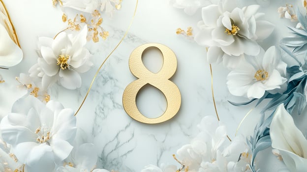 Elegant card design featuring the number 8 surrounded by white flowers on a pastel background. Concept of femininity and minimalism photo