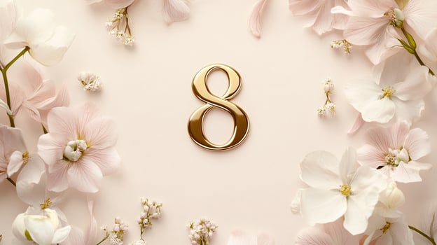 Elegant number 8 card design with soft white flowers and delicate details on a pastel background. Concept of minimalism and femininity photo