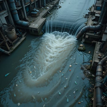 An urban river polluted by industrial waste. The pipes drain wastewater. photo