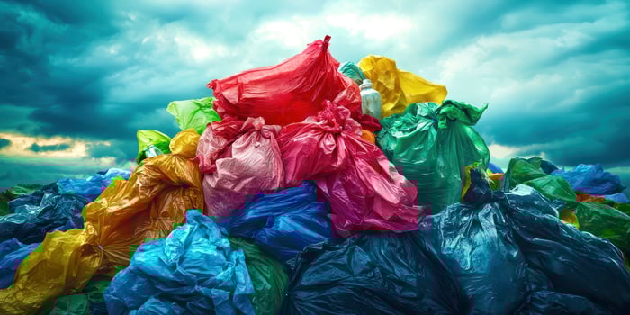 A pile of plastic bags with colorful bags photo