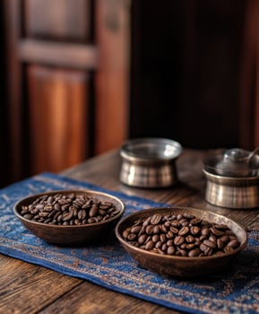Coffee beans displayed in wooden bowls on a textured tablecloth photo