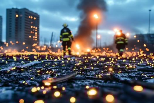 Dawn breaks over an urban fire disaster with charred buildings and firefighters battling the aftermath of destruction photo