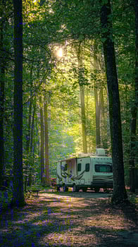 Exploring nature's tranquility with a camper van on a peaceful woodland road during sunset photo