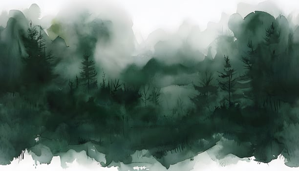 A painting of a forest with trees and water photo
