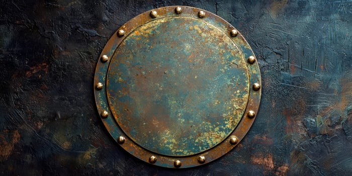An old rusty metal shield on a wall photo
