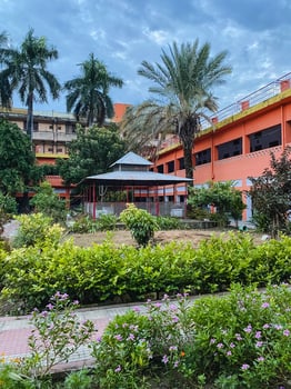A very large orange colored building features several palm trees positioned in front of it, creating a vibrant and eyecatching urban landscape that is both beautiful and inviting photo