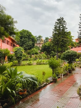 In a beautiful, lush green garden filled with vibrant foliage, there stands a striking red building prominently in the background, creating a stunning visual contrast amid nature photo