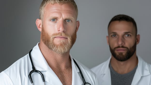 Two doctors in white coats look directly at the camera photo
