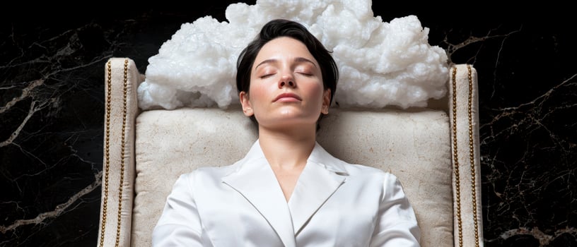 Woman relaxing in a luxurious armchair with a fluffy cloud above her head photo