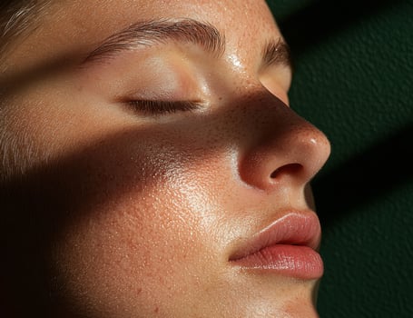 Close up of a womans face with sun kissed skin and closed eyes photo