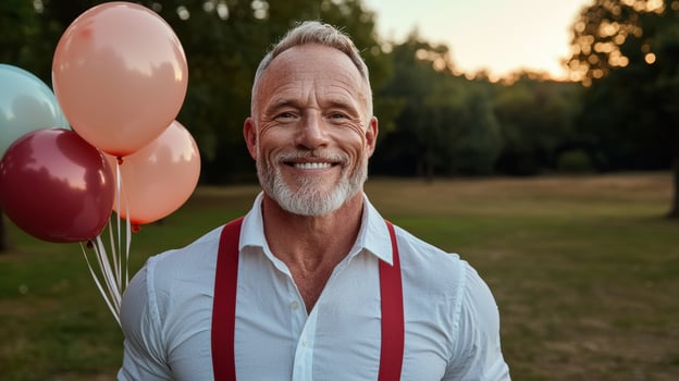 Happy mature man holding balloons in a park photo