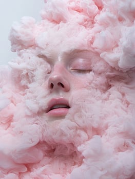 Surreal portrait of a womans face partially obscured by pink smoke or clouds photo