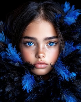 Portrait of a girl with blue eyes and freckles, surrounded by blue and black feathers photo