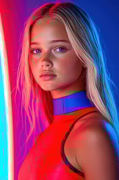 Portrait of a young woman with freckles, wearing a red swimsuit against a vibrant neon background photo