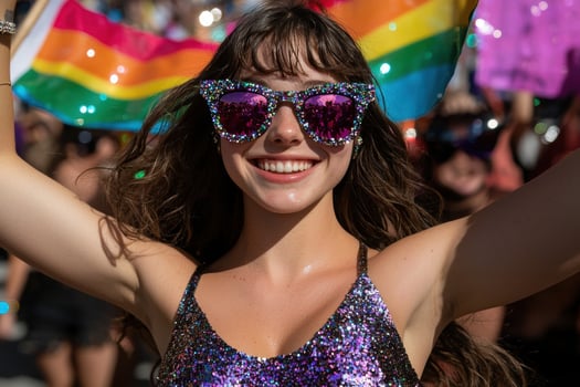 Woman at pride parade holding rainbow flag photo