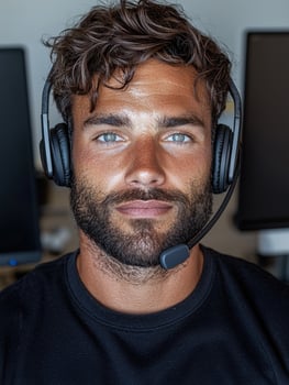 Portrait of a young man wearing a headset, focused and attentive photo