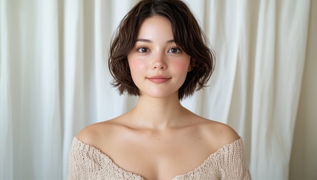 Portrait of a young woman with freckles and short brown hair, smiling softly at the camera photo