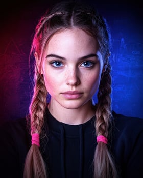Portrait of a young woman with braids, neon light background photo