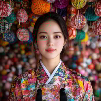 Young woman in traditional Korean Hanbok dress against colorful background photo