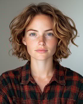 Portrait of a young woman with freckles and wavy hair, wearing a red and black plaid shirt photo