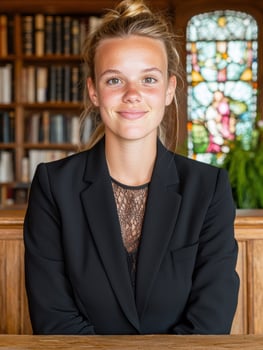 Portrait of a young woman in a black blazer, sitting in a library photo