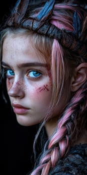 Close up portrait of a young woman with pink hair and scars on her face, wearing a feather headdress photo