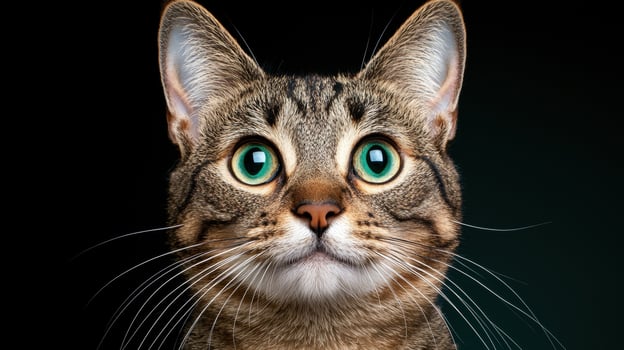 Close up portrait of a tabby cat with bright green eyes photo