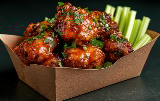 Close up of delicious, glazed chicken wings in a brown paper takeout container with celery sticks photo