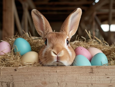 Adorable bunny peeking out from a nest of pastel Easter eggs photo