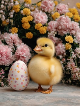 Cute fluffy duckling with easter egg among spring flowers photo