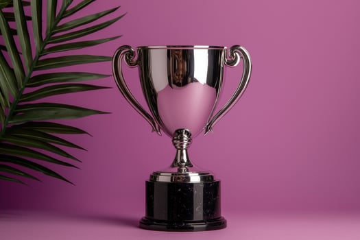 Silver trophy cup on purple background with palm leaf photo