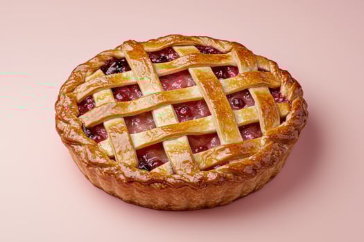 Delicious berry pie with lattice crust on pink background photo