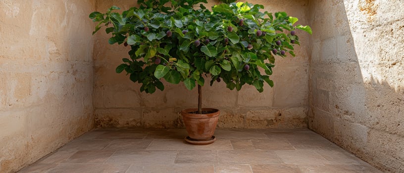 Potted fig tree in a sunlit stone alcove photo