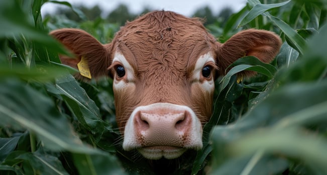 Close up of a curious cow peeking through corn stalks photo