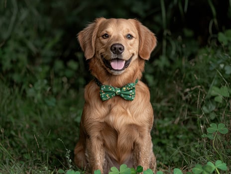 Happy golden retriever dog wearing a green bow tie sitting in the grass photo