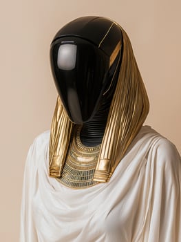 Futuristic Egyptian goddess statue with gold collar and black helmet photo