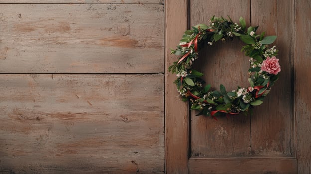 Floral wreath hanging on rustic wooden door photo