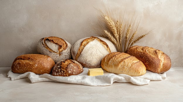 Artisan sourdough bread loaves and butter on a linen cloth photo