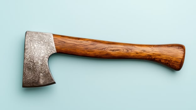 Handcrafted axe with engraved head and wooden handle photo