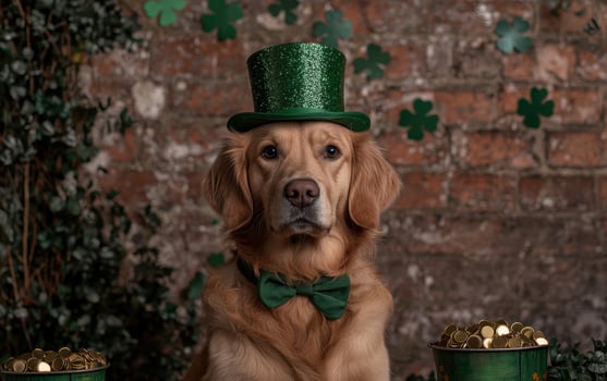 Golden Retriever dog wearing a green top hat and bow tie, surrounded by shamrocks and gold coins for St Patricks Day photo