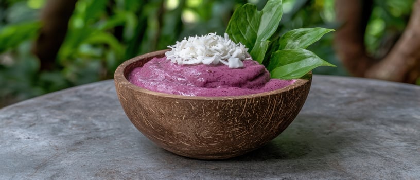 Delicious acai bowl with coconut flakes and basil garnish photo