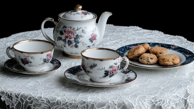 Elegant floral tea set with scones on a lace tablecloth photo